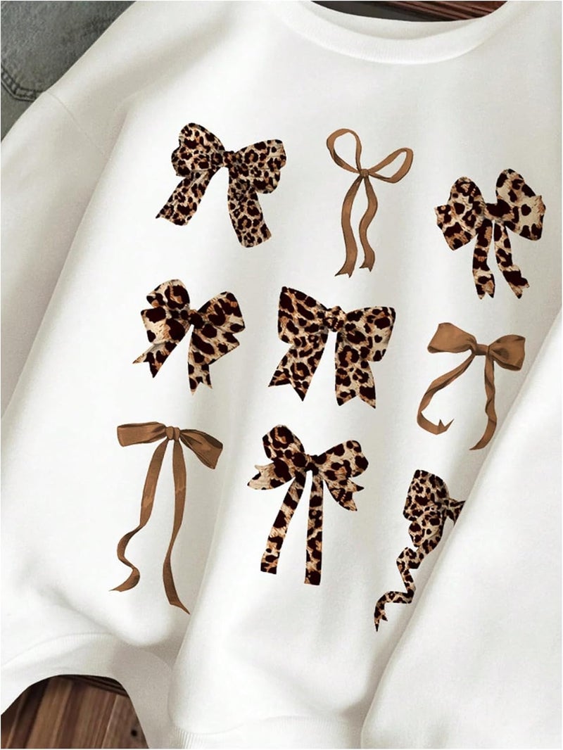 WDIRARA Girl's Leopard Bow Sweatshirt Crew Neck Long Sleeve Pullovers Graphic Top - Image 3